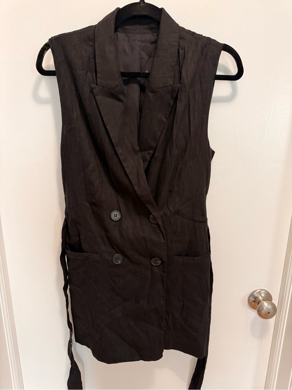 Linen Blend Sleeveless Double-Breasted Black Vest Dress